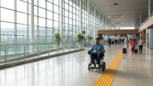 A traveler in an electric wheelchair navigates a wide, bright airport terminal concourse along tactile paving.