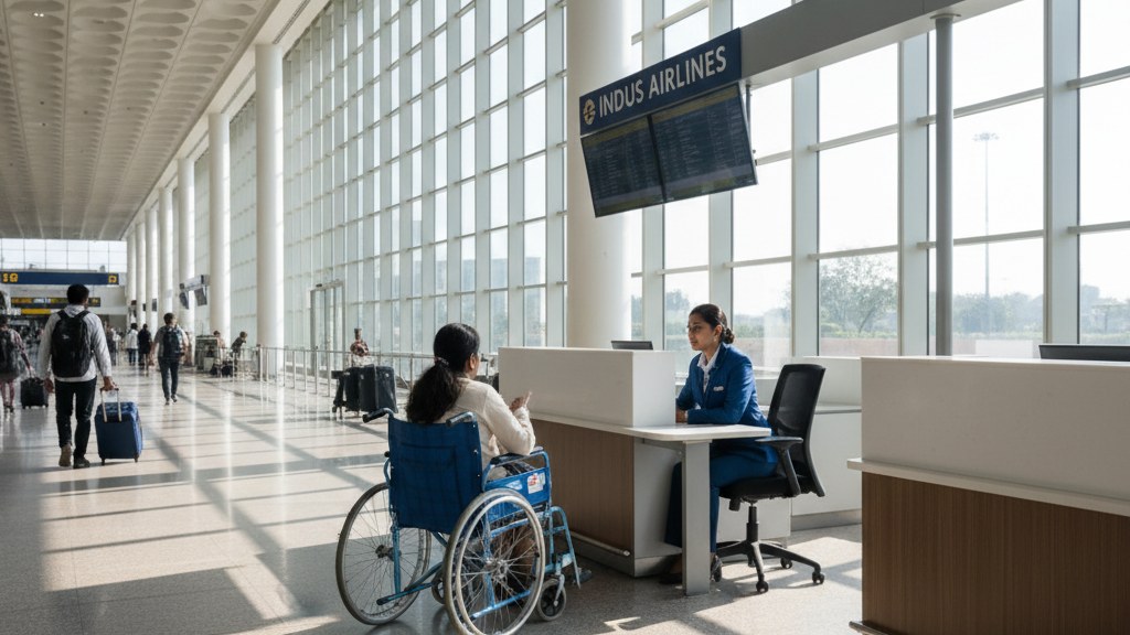 A passenger in a wheelchair interacts with an airline representative at a lowered airport check-in counter.