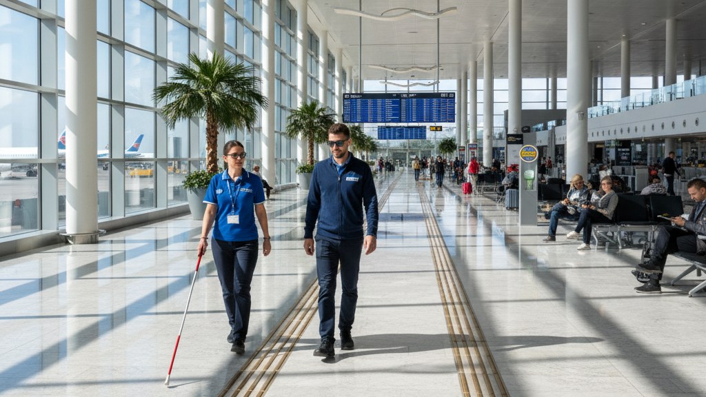 A blind traveler with a white cane walks through an airport terminal accompanied by a ground assistance staff member.