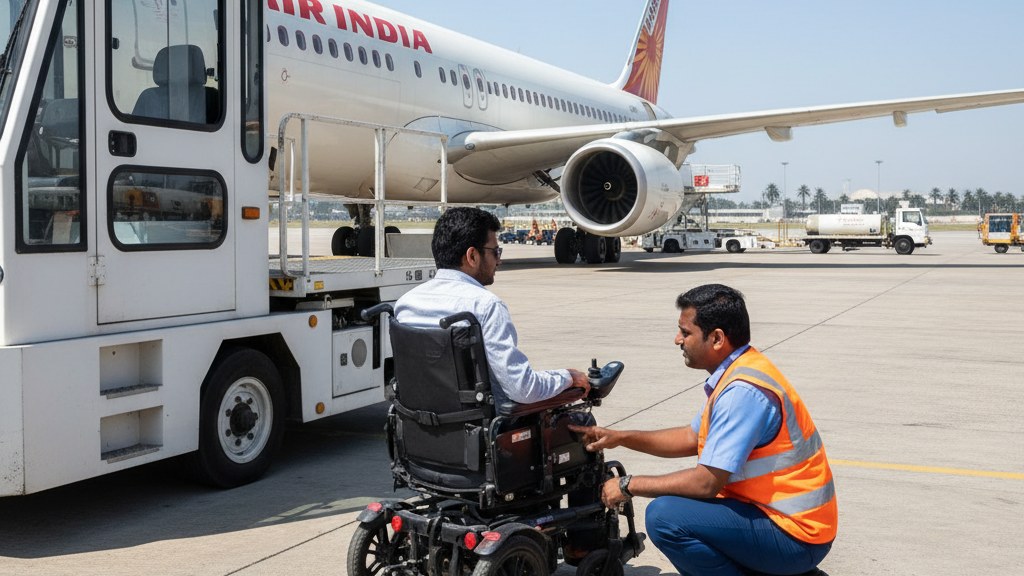 A traveler in a powerchair on an airport tarmac alongside a ground crew member and a hydraulic ambulift.