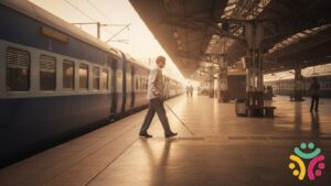 A blind man using a white cane walks along tactile paving on a sunny Indian train platform next to a train.