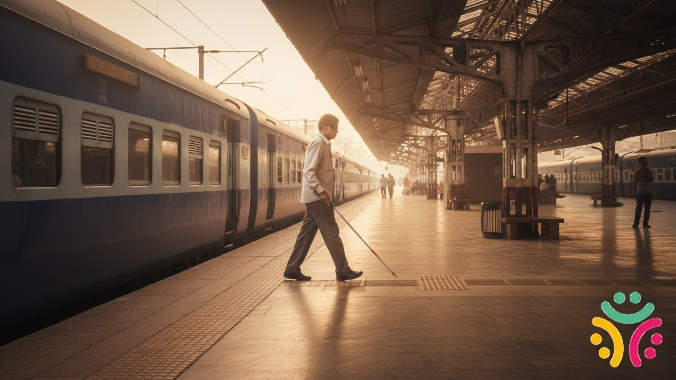 A blind man using a white cane walks along tactile paving on a sunny Indian train platform next to a train.