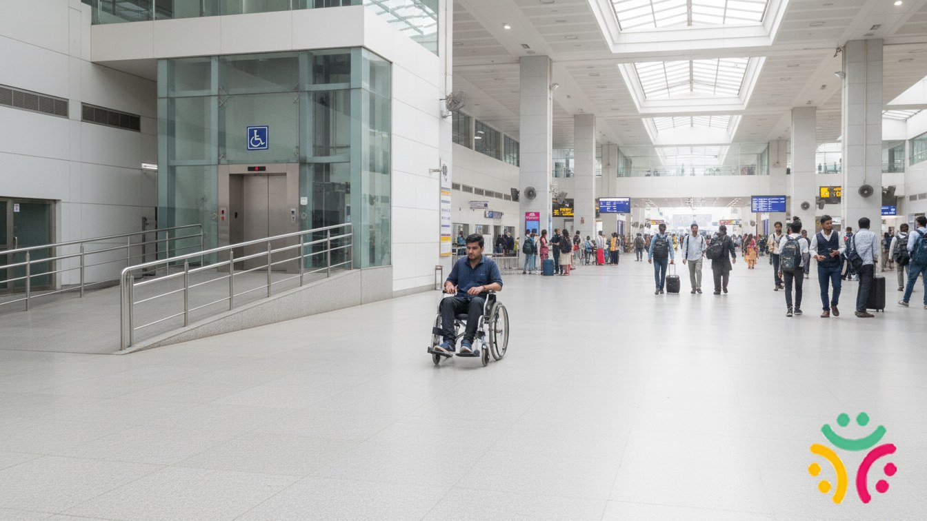 A wheelchair user rolls along a wide, step-free corridor inside a spacious railway station towards a ramp.