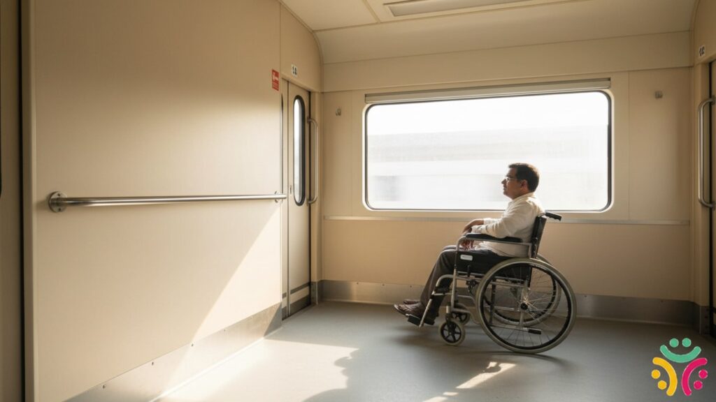 A wheelchair user positioned in a wide dedicated open bay inside a modern train coach beside stainless steel handrails.
