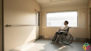 A wheelchair user positioned in a wide dedicated open bay inside a modern train coach beside stainless steel handrails.