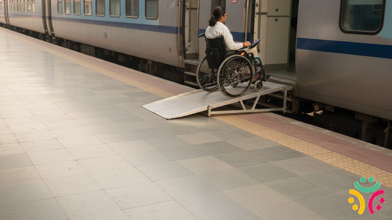 A portable aluminum ramp bridging the gap between a modern train doorway and a paved railway platform.