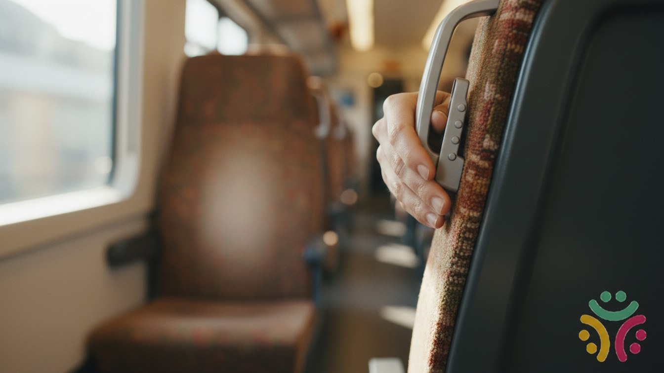A hand resting on raised tactile markings on the aisle handle of a modern train seat.