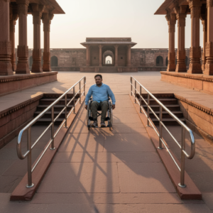 A wheelchair user moves along a smooth sandstone ramp with double handrails at a historic monument complex.