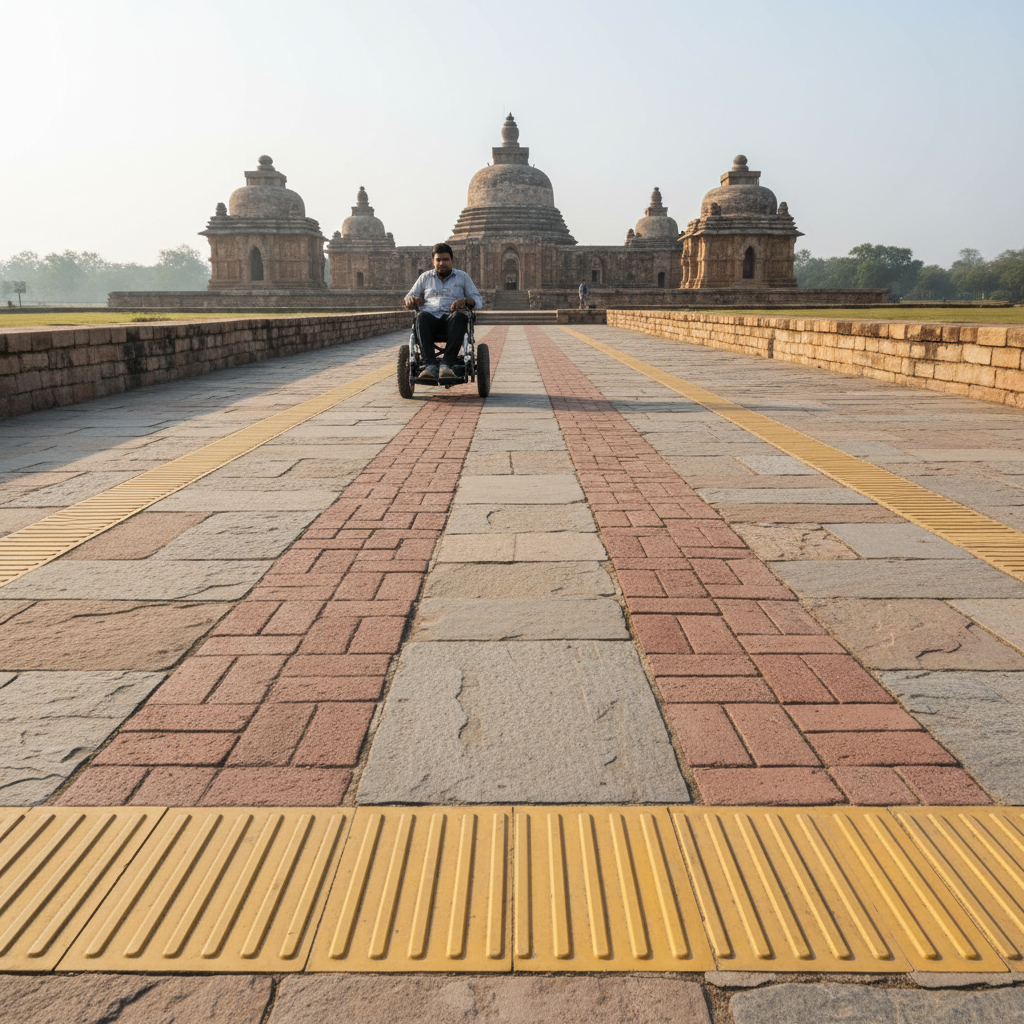 A power wheelchair user travels along a wide, paved stone path with tactile paving strip at a heritage site.